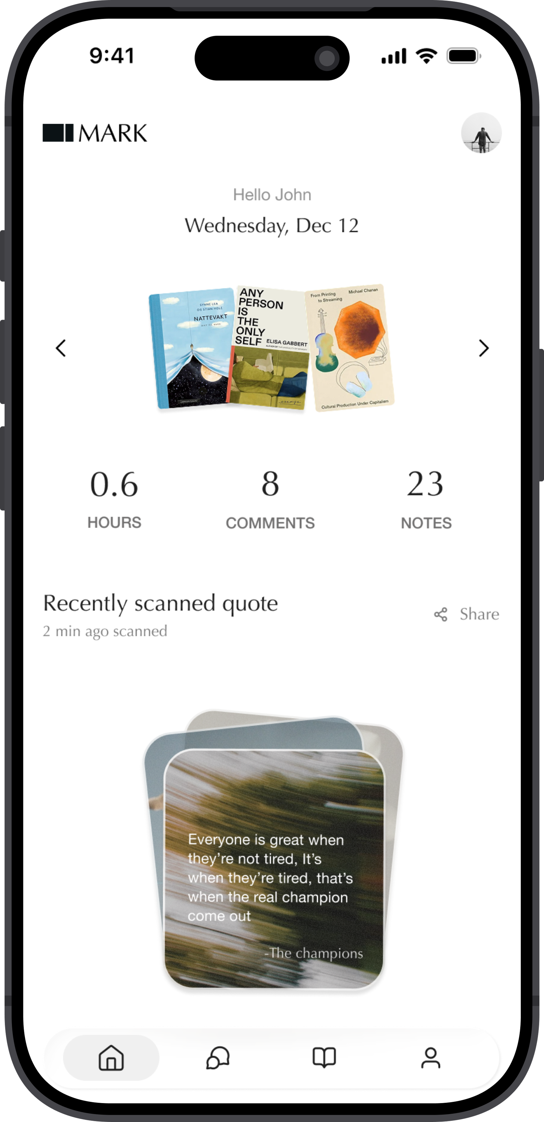 Mark mobile app UI showing organized reading highlights and insights