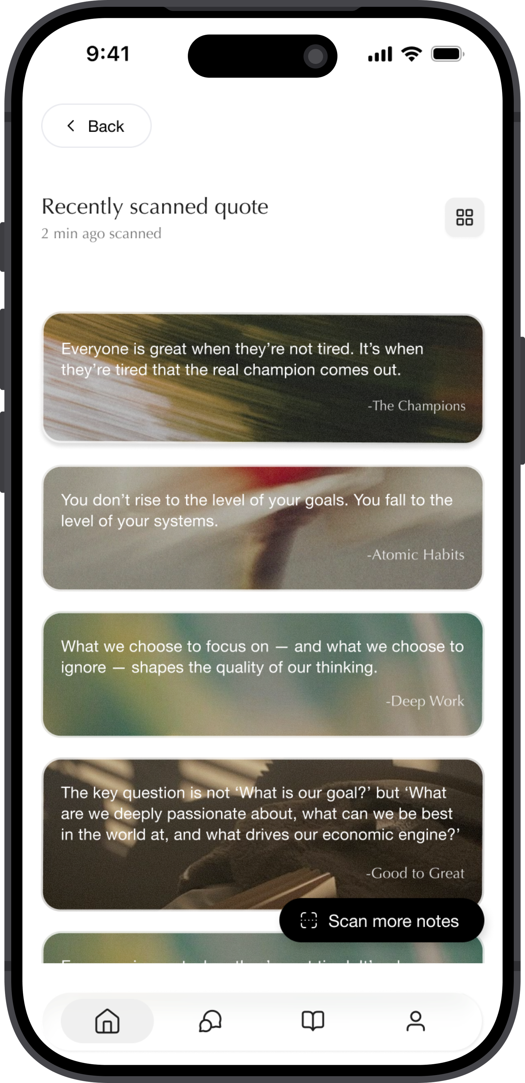 Mark mobile app UI showing searchable ideas and quote cards